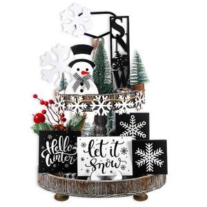 15 Pcs Winter Tiered Tray Decor Set Black and White Snowflake Table Wood